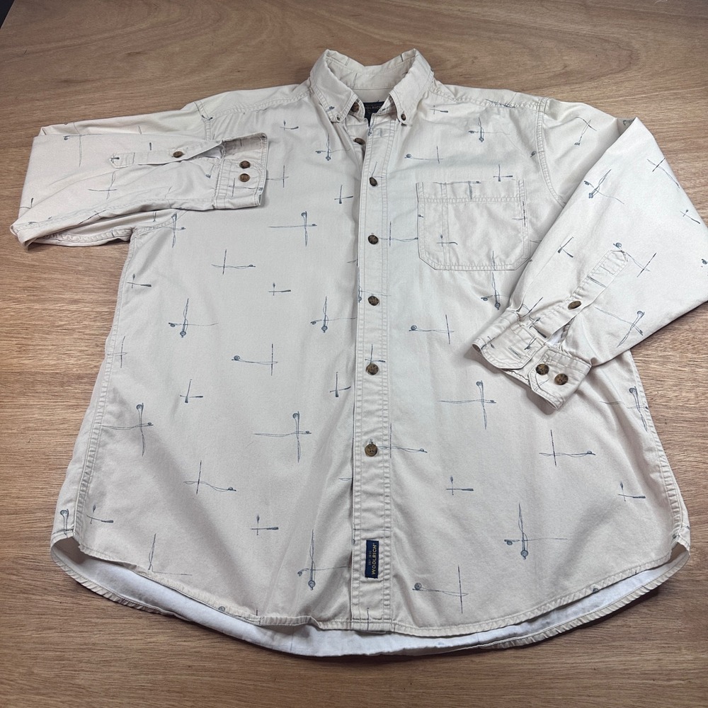Woolrich Mens XL Fly Fishing Print Button Up Shirt Beige Long Sleeve Cotton